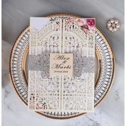 Ivory Tint Wedding Invitation Card Laser Holiday Greeting Card The Door of Marriage
